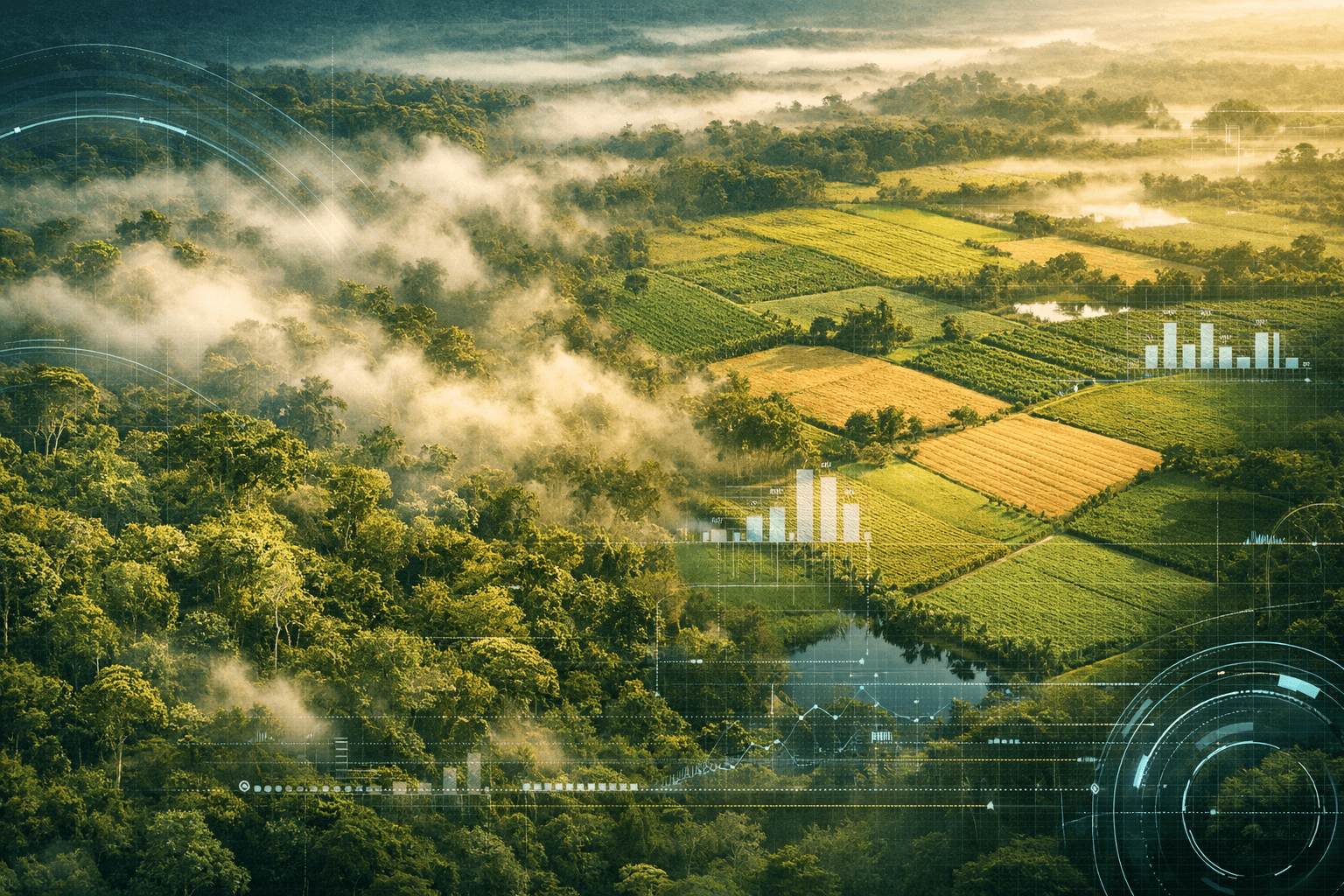 Floresta e fazenda com dados de monitoramento