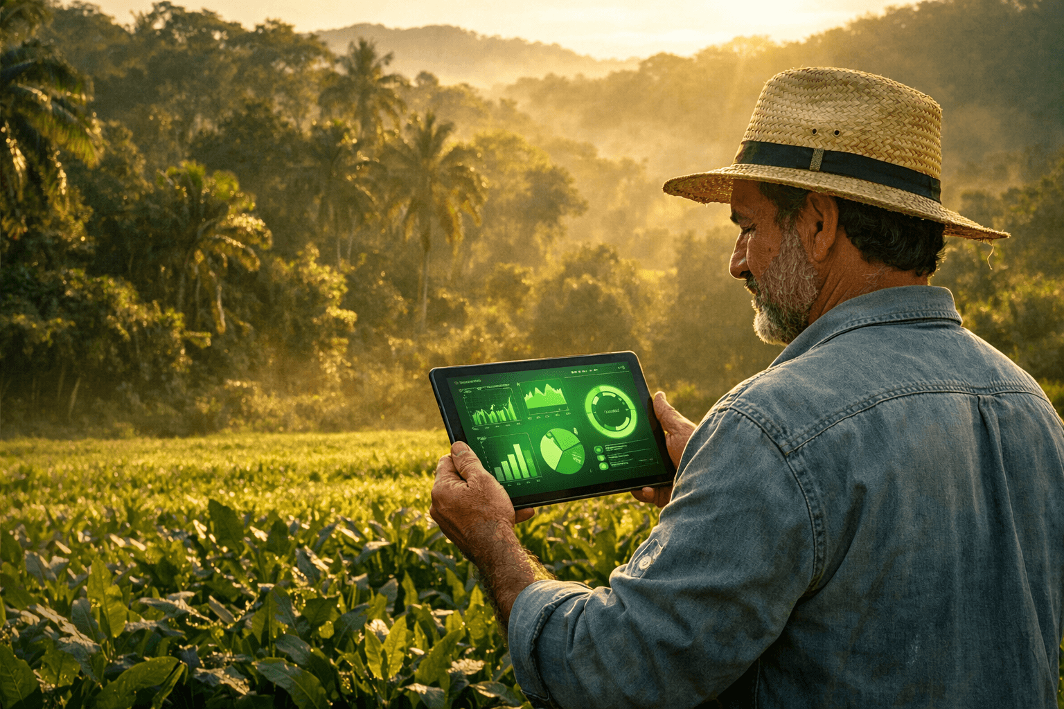 Produtor rural com tablet analisando dados de carbono