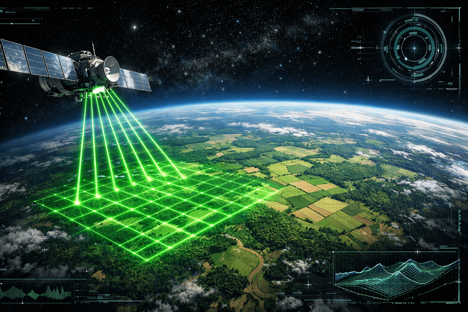 Satelite escaneando fazendas para monitoramento de carbono